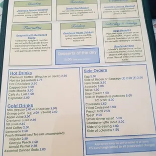 Menu back cover: daily specials