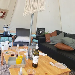 a living area in a tent