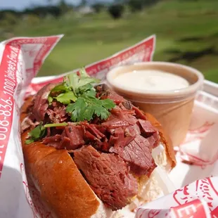 Pastrami sandwich with pickles, vegetables so good