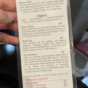 Here are the prices for pedicures