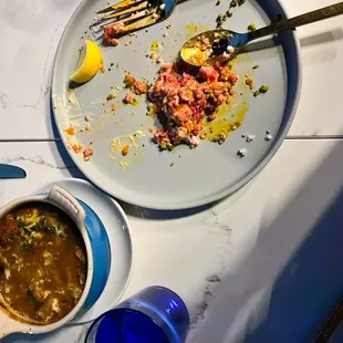 a plate of food left on a table