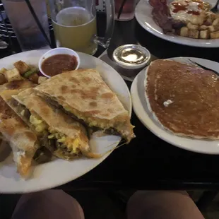 Breakfast quesadilla w/side of pancake &amp; hazy IPA