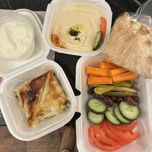 Spanakopita , Homemade Yogurt, Hummushummus, veggies, and Pita