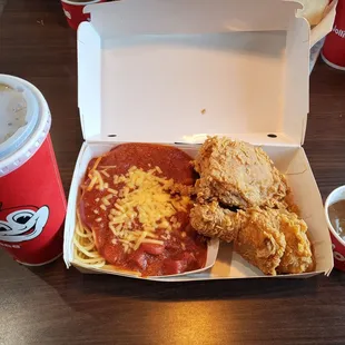 2pc Chicken Joy w/Jolly Spaghetti, gravy and Pepsi.