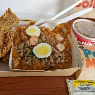 Palabok fiesta with 2 pcs Chickenjoy and peach mango pie