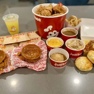 Chickenjoy Bucket Treat D, Original Chicken Sandwich, Spicy Chicken Sandwich, Jolly Spaghetti, Biscuits &amp; Pineapple Quencher