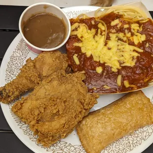 2 Piece Chicken Joy w/ Spaghetti (side of gravy comes with meal), $10.99 prior to tax. Peach Mango Pie, $2.99 prior to tax.