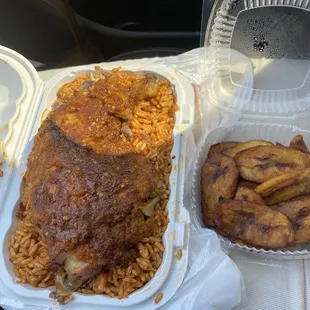 Jollof with baked chicken and plantain