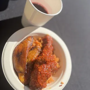 Jollof rice, chicken, plantain, &amp; juice