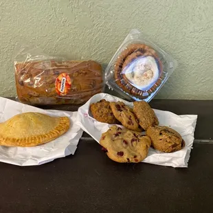Pumpkin loaf cinnamon roll, meat empanada,  and the cookies!!!!
