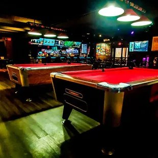 Pool tables in upstairs bar ready for action at Jolly Ollie&apos;s Pizza and Pub in Hendersonville, TN