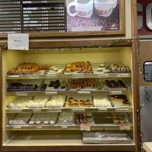 a display case of donuts
