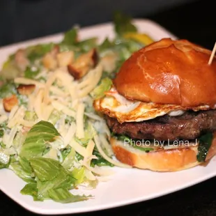 Lamb Burger ($17) - cumin spiced ground lamb, garlicky spinach, fried farm egg, roasted red onion aioli, challah roll