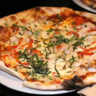 Fire &amp; Smoke Pizza ($16) - smoked chicken, charred sweet peppers, scallions, chipotle tomato sauce, smoked mozzarella, fresh basil