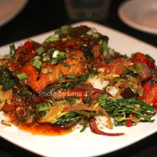 Ginger Soy Glazed Salmon ($26) - buttery rice, red bell peppers, broccolini brussels sprouts, sauteed red onions. Extremely sweet...