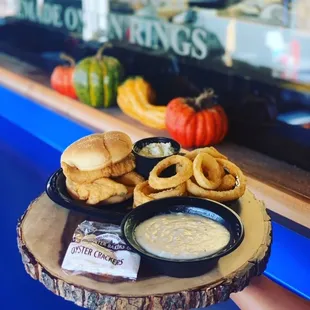 Perch Platter with onion rings and clam chowder soup!