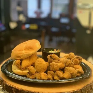 Perch Platter with breaded mushrooms