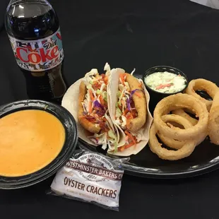 Perch Tacos with onion rings and Lobster Bisque soup!
