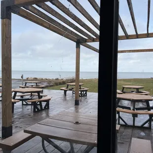 Outdoor patio with views of the lake