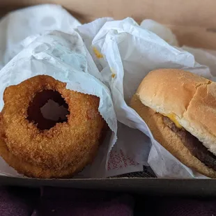 a burger and onion rings