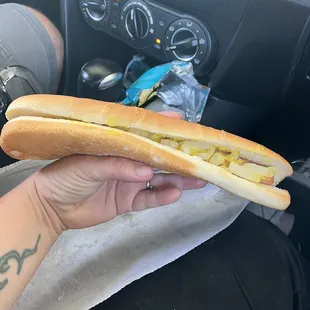 Footling hot down with mustard and onions.