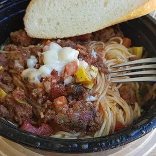 Spaghetti meatball with angel hair.