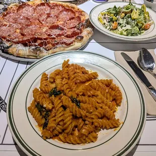 Spicy fusilli, pepperoni pizza, house salad.