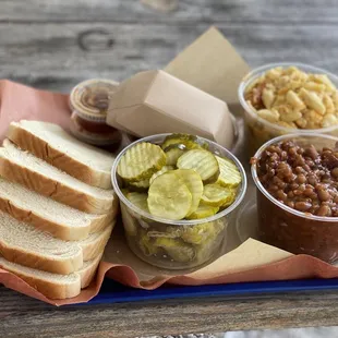 Baked beans, pickles, Mac and cheese