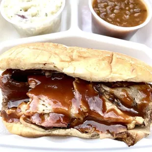 Brisket, sandwich, beans, and potato salad!
