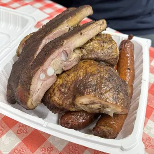 Ribs, chicken, hot links