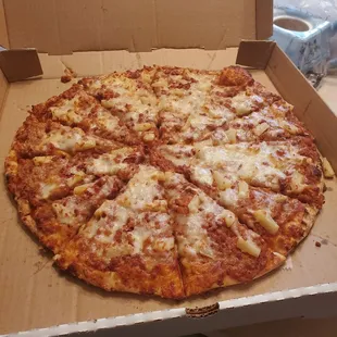 Bacon, pineapple, BBQ chicken pizza