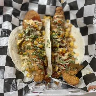 two tacos in a basket