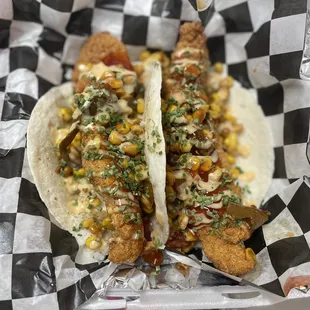 two tacos in a basket
