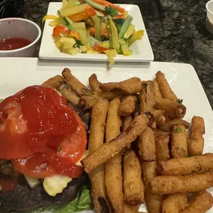 Not a great shot of black bean burger and fried pickles. But it sure tasted good.