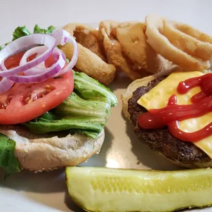 Cheese burger and rings it's great and taste really good!