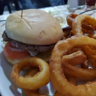 Burger and onion rings