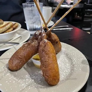 Pancake battered turkey dog starter