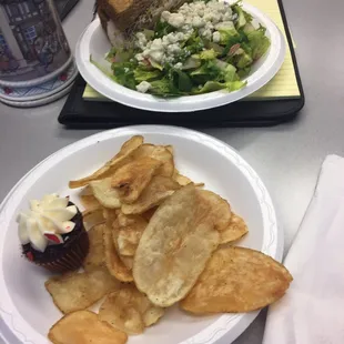 Catered lunch. Salad, sandwich and chips were great. The mini red velvet cupcake tasted like plastic.