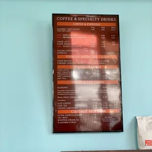 a menu for coffee and specialty drinks