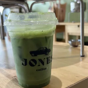 iced matcha with almond milk and vanilla syrup