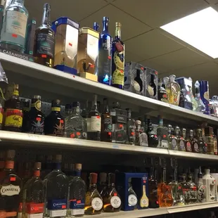 shelves full of liquor bottles
