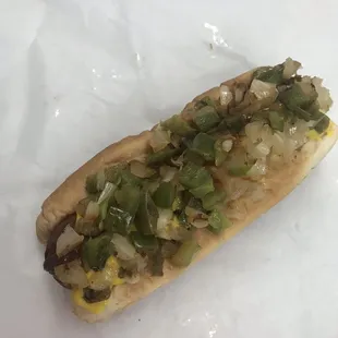 Smoked dog w/ peppers, onions, and mustard