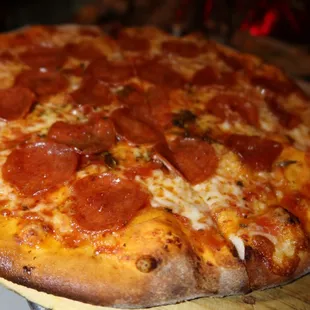 a pepperoni pizza on a plate