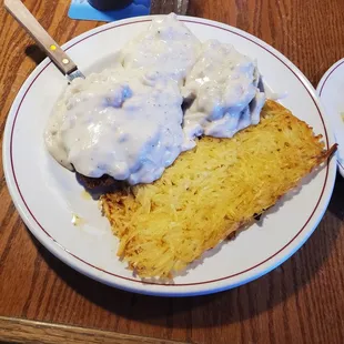 Chicken Fried Chicken, Hashbrowns, biscuits and gravy