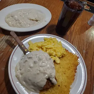 Chicken Fried Chicken,2 eggs, biscuits and gravy with crisp hashbrowns.
