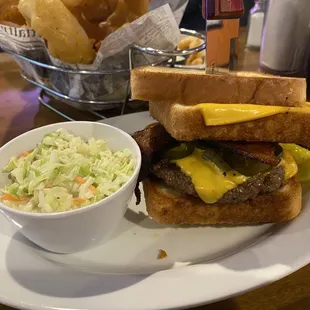 Burger between grilled cheese, bacon and Jalapeños!