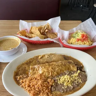 Beef enchilada, Beef Tamale, beef taco, chips and queso with meat crumbles.