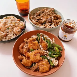 house fried rice, beef chow fun, salt &amp; pepper shrimp takeout