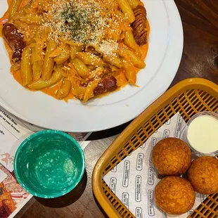 Rosé Ttekbokki and Hand-made Cheese Balls (sans sugar topping).