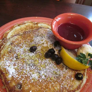Lemon Blueberry Pancakes with Raspberry Sauce